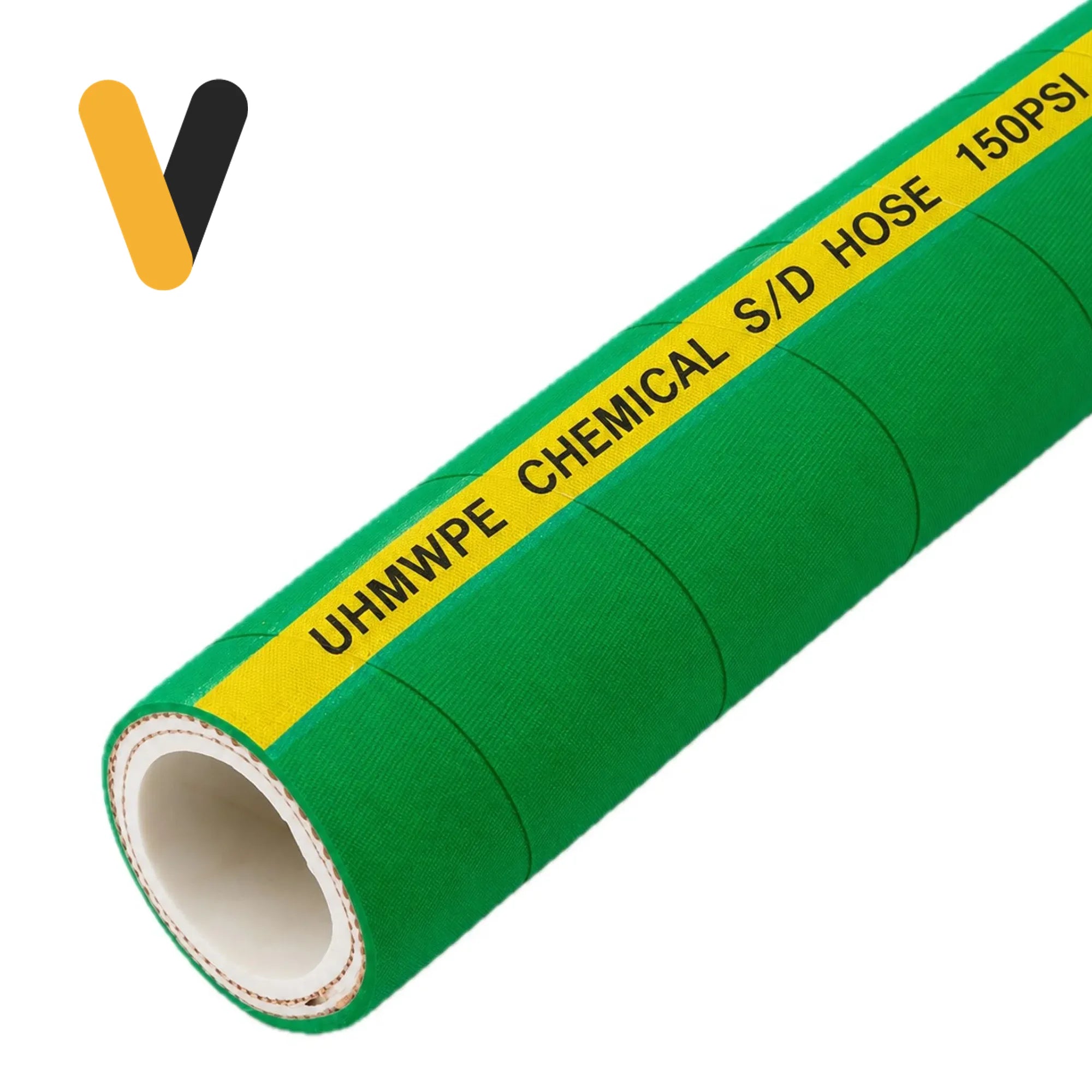Manguera química UHMWPE verde de succión y descarga para ácidos y solventes — 150 PSI