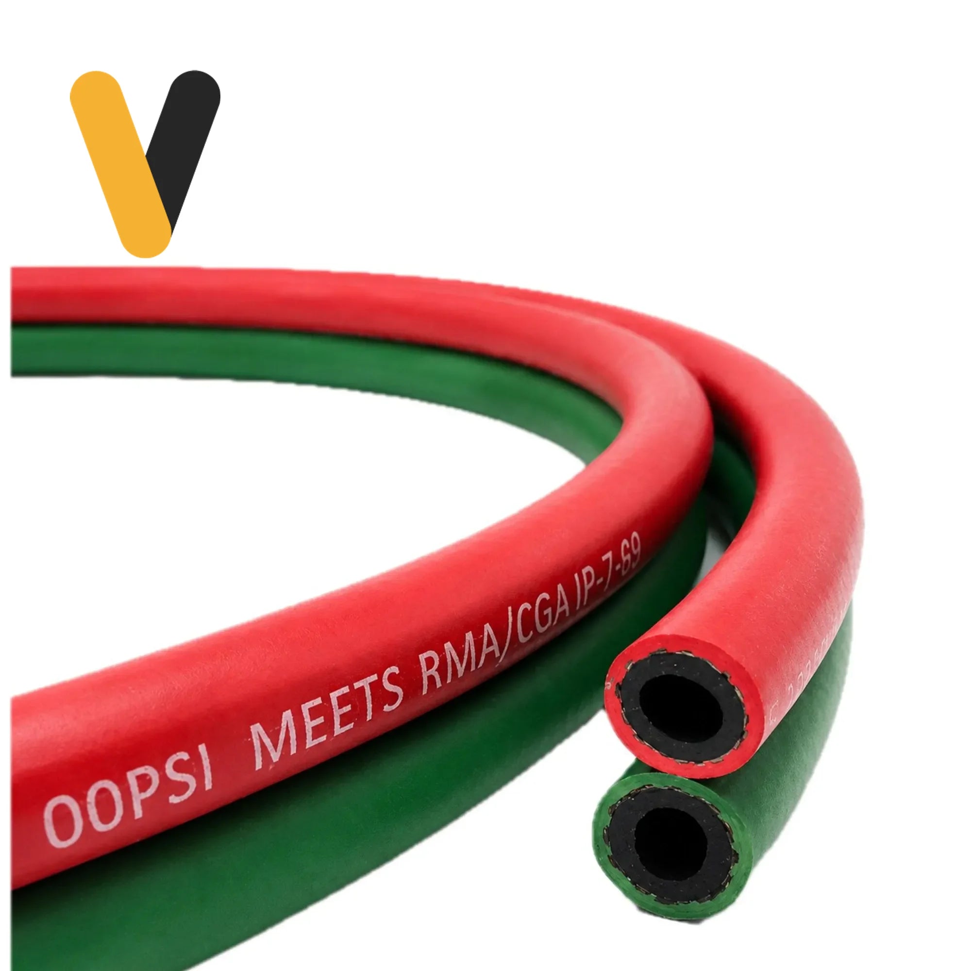 Manguera oxígeno-acetileno doble 1/4 — línea roja de acetileno y verde de oxígeno en paralelo, 300 PSI