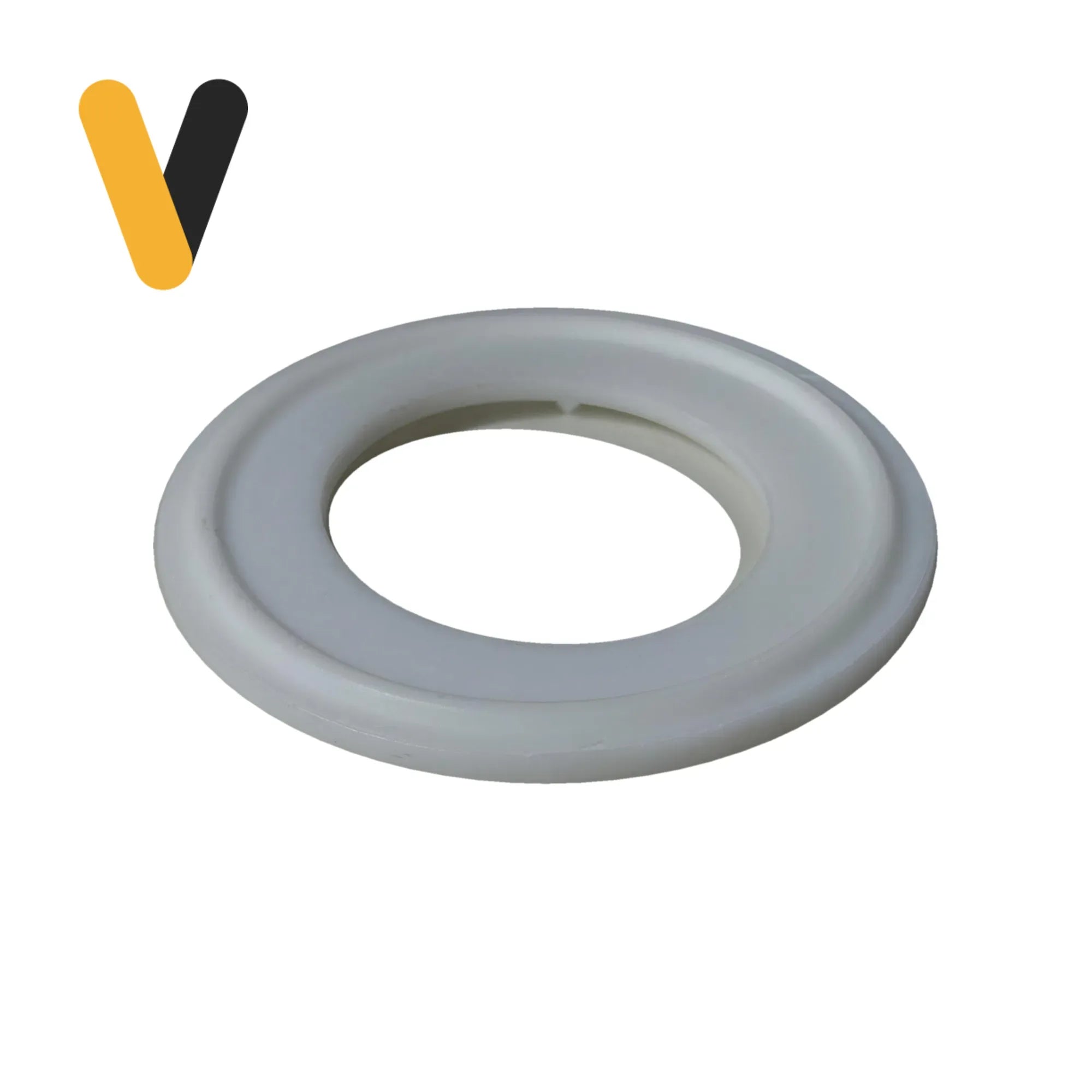 Sello Sanitario Clamp Teflón (PTFE) — junta Tri-Clamp blanca, vista 3/4