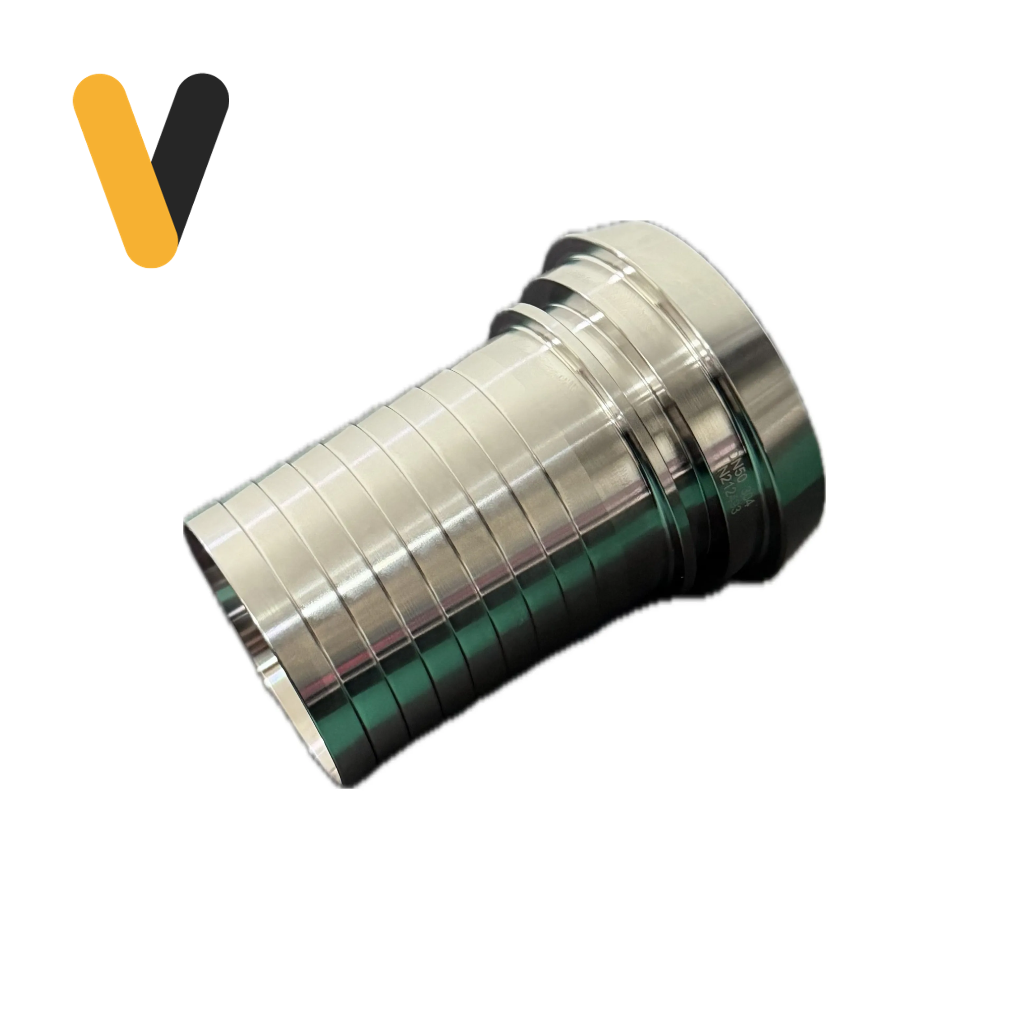Liner DIN con espiga SS304 DN50, grabado 304 — detalle de la cola portamanguera inoxidable