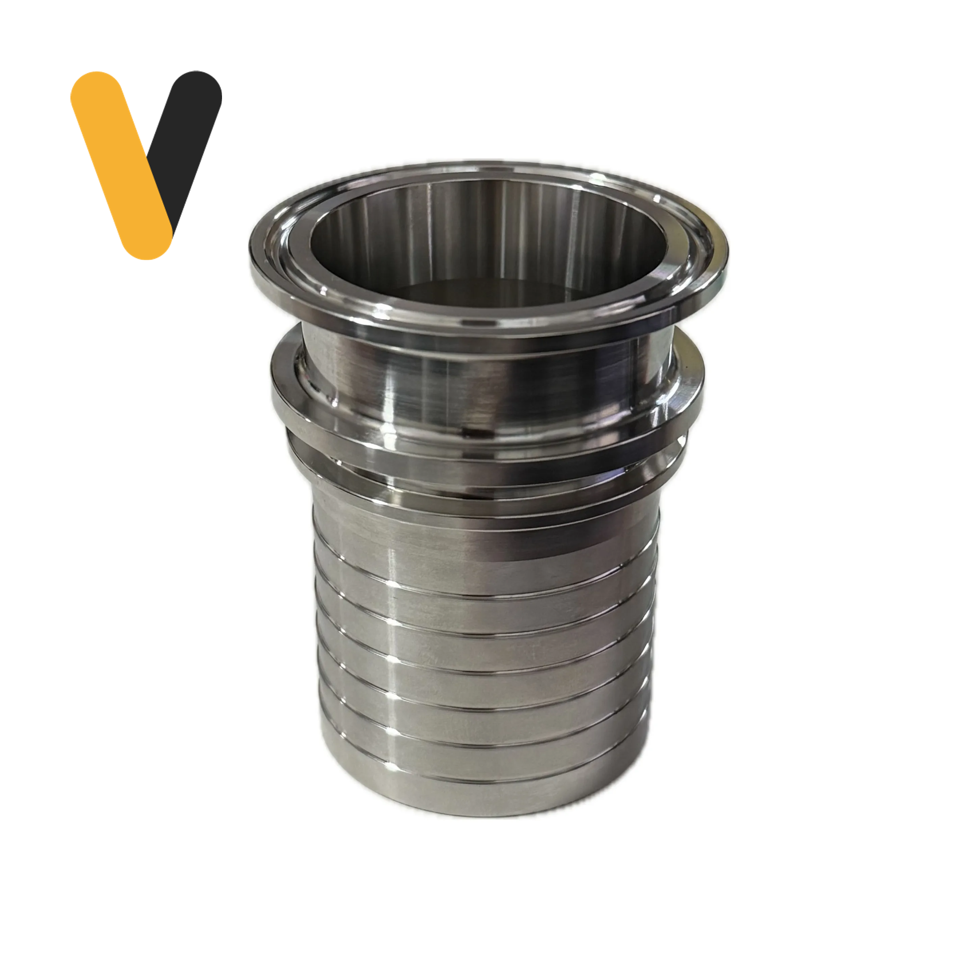 Espiga con cuello ferrule Tri-Clamp inoxidable SS304 — cara clamp, cuello y espiga dentada portamanguera
